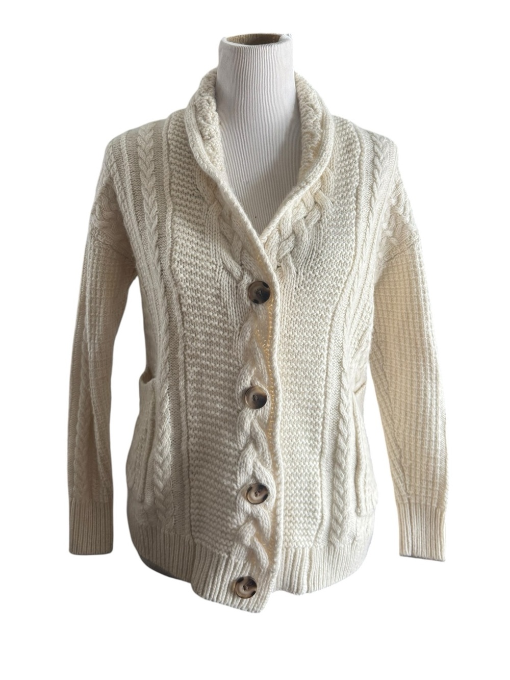 Reiss Cream Cable-Knit Shawl Collar Cardigan Size S